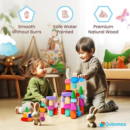Wooden Stacking Rocks - 40 Pcs Montessori Sensory Learning Toys for Kids 3-9 | Balance Building Blocks Educational STEM Toys for Boys Girls