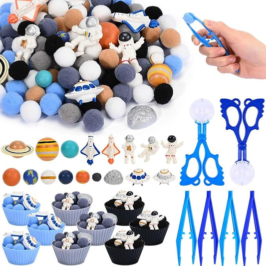 152 Pcs Space Sensory Bin Fillers Outer Space Fine Motor Skills Astronauts Sensory Bin Item Pompoms Cups Tweezers Scissor Clips for Preschool Education Activities Sorting Counting