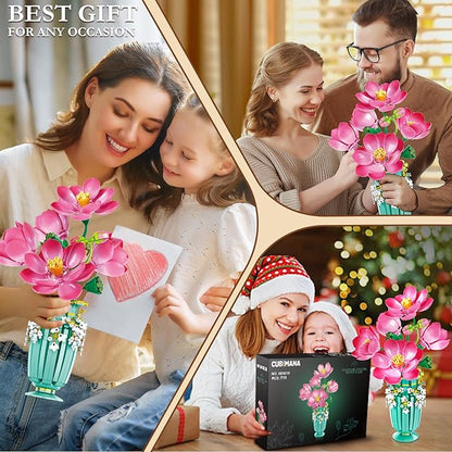 Flower Bouquet Building Set with Vase - 711 PCS Artificial Flower Building Block Toy, Fake Indoor Flower for Home Office Decor Table Display, Christmas Anniversary Birthday Gifts for Adults Women