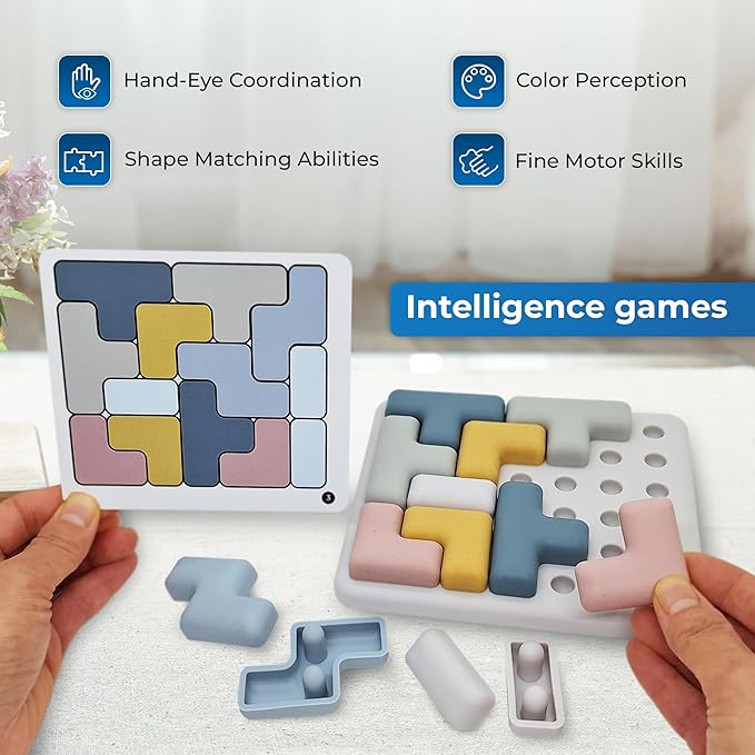 Jispring Silicone Tetris Puzzles with Templates, Montessori STEM Educational Sensory Toy for Kids, Intelligence Brain Teaser, Block Jigsaw Puzzle, 3D Russian Building Games
