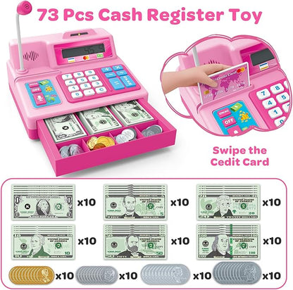 BAODLON Calculator Cash Register - 103 Pcs Pink Toy Cash Register, Microphone, Credit Card and Banking for Kids, Early Math Skills Toys Gifts for 3, 4, 5, 6 7 8+ Years Old Boys Girls