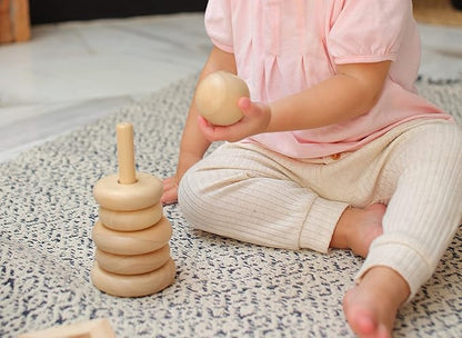 PlanToys Wooden Stacking Rings Baby Toy - Sustainably Made from Rubberwood Featuring Organic-Pigment Coloring and Water-Based Dyes with Collapsible Central Rod for Safety