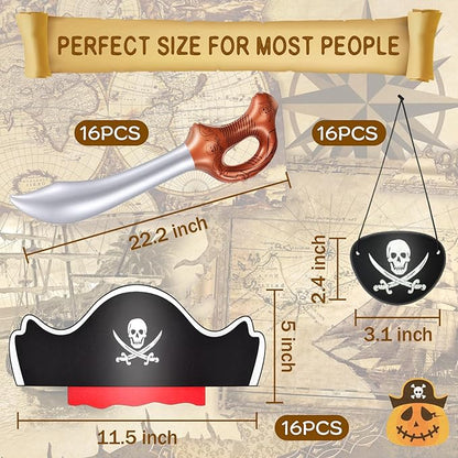 Legigo 48 Pcs Funny Pirate Party Set- Include 16 Pirate Hats, 16 Eye Patches, 16 Inflatable Swords for Pirate Party Cosplay Caribbean Dress Accessories