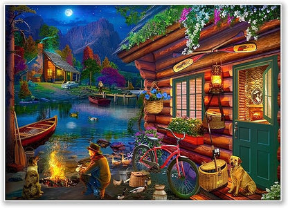 1000-piece Moonlit Night Lakeside Cabin time Adult Wooden Puzzle, Intellectual Challenge, Stress-Relieving Puzzle, Relaxing Family Activity, Decoration, Size: 29.5 x 19.7 in