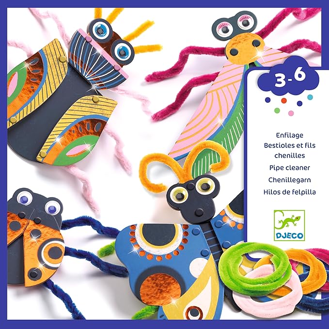 DJECO Fuzzy Bug Craft Kit - Make Your Own 3D Bugs with Pom Poms for Home, School or Gifts - Fun & Creative for Family & Friends - Educational Art Crafts for Preschool, Kids 3+