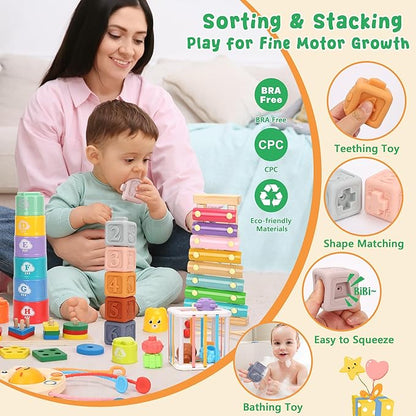 Montessori Baby Toys 6-12 Months Sensory Boxes & Teethers. 6-in-1 Stacking Blocks with Crab Design. Shape Sorting & Sensory Toys for 6-36 Months Babies.