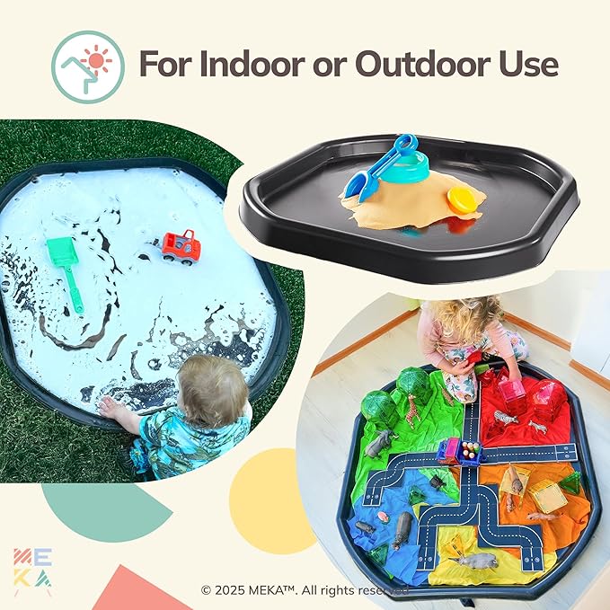 MEKA Tuff Tray with 3 Play Mats, Sensory for Kids Road, Water, Color Themes, Indoor Outdoor Use, Home or Classroom (Black, Small 28" x 28")
