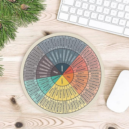 Emotions Feelings Wheel Chart, Round Mouse Pad, Non-Slip Gaming Mouse Pad, Computer Pc Mental Health Mousepad, Rubber Base for Therapy Office Home 7.8x7.8 Inch