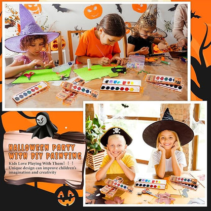24 Pack Halloween Pumpkin Watercolor Paint Set for Kids 8 Washable Colors with Brushes Water Color Painting Kit for Halloween Painting Kit Gift Party Supplies