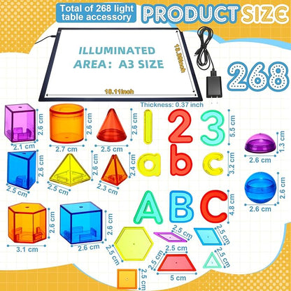 LED Light Panel for Kids and 268 Pcs Translucent Pattern Blocks Geometric Solids Colorful Plastic Letters and Numbers for Kids Sensory Play Exploration Counting Spelling Supplies