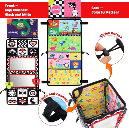 Tummy Time Floor Mirror with Crinkle Cloth Book and Teethers, Double-sided Baby Mirror Black and White High Contrast Baby Toys, Folding Crawling Activity Mat for Infants 3 6 12 Months (B-Mirror+Book)