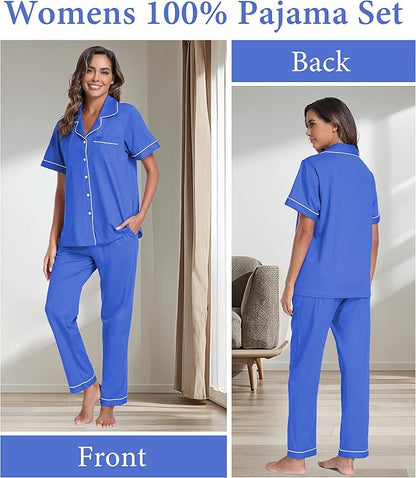 CF Womens 100% Cotton Pajamas Set Button Down Pjs Sets Short Sleeve Top & Long Pants Sleepwear Comfy Loungewear with Pockets