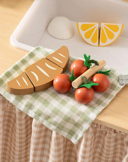 ROBOTIME Play Knife Set, Play Kitchen Accessories, Wooden Kids Play Toy Food – Pretend Play Food Set with Cutting Board, Wooden Fruits, Vegetables, and Cooking Tools for Toddlers Boys Girls