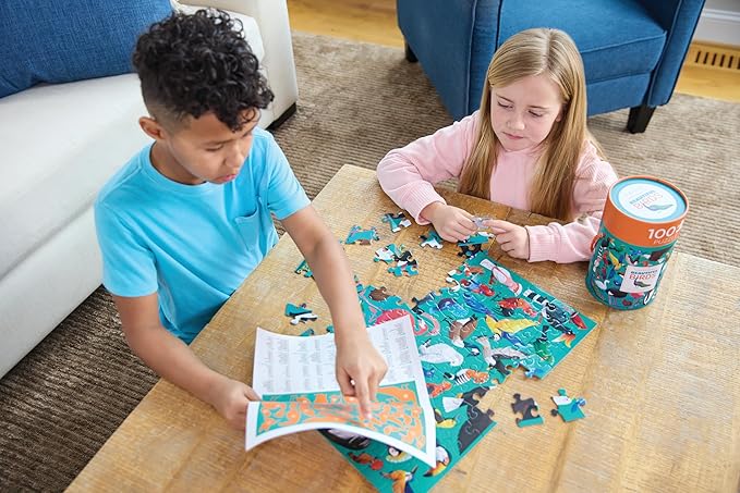 Crocodile Creek 100-Piece Jigsaw Puzzle for Kids Ages 5 and Up - Fun and Educational Table or Floor Holographic Foil Puzzle - Heavy-Duty Box for Storage - Dinosaur World - 24" x 18" Finished
