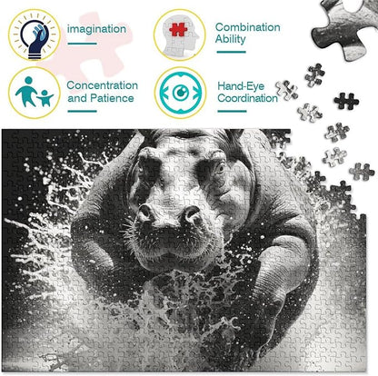 Hippo Thickened Wooden Jigsaw Puzzles 500 Pieces 3D Animal for Adults Fun Education Game Home Decoration Toy Intellectual Game Stress Relief Toy Premium & Durable 500pcs (52x38cm)