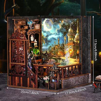 DIY Book Nook Kit, Miniature Bookshelf Decor with LED Lights, Laser-Cut Wooden Craft Set for Adults, Creative Gift for Christmas, Birthday, Magic Exploration