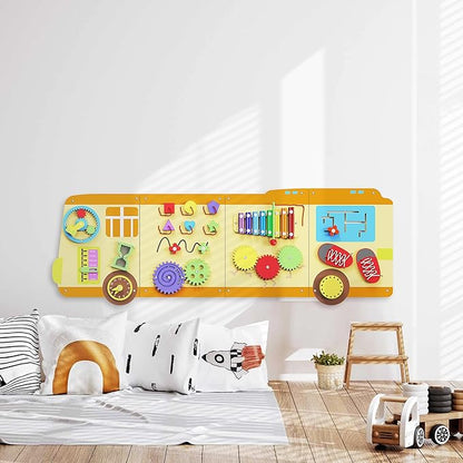 BlueWood School Bus Wall Busy Board Panels, Toddler Learning Activity Center, Montessori Philosophy Sensory, Educational Toys, Conducive to All-Round Development