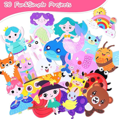 DINSUMRUG 20 Animal Arts & Crafts Kit for Kids 4-6, All-Inclusive Toddler Craft Box with Paper Plates, Puppets, Fun Activities, Tigers, Lions (134 Characters) (Princess)