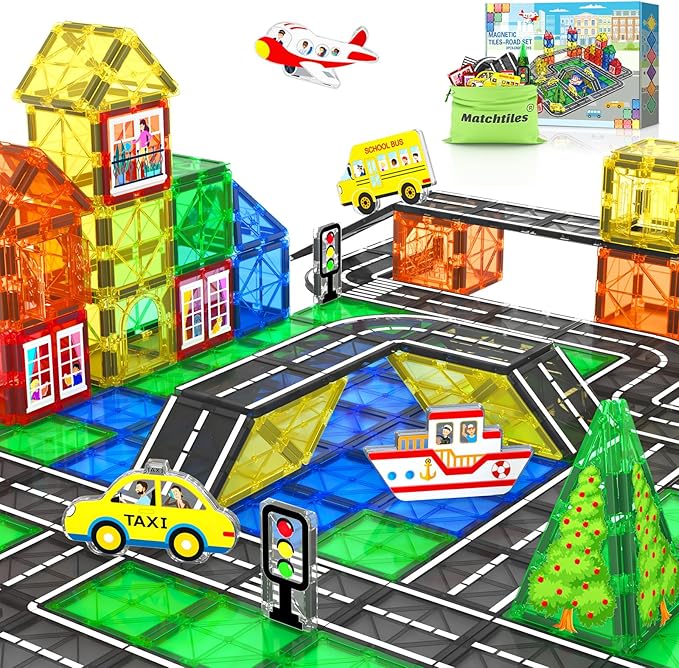 Magnetic Tiles Road Toys for 3+ Year Old Toddler, Magnetic Blocks Building Toys for Kids Ages 3-5 5-7 Girls Boys, STEM Montessori Sensory, Classroom Must Haves