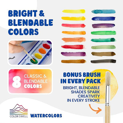 Color Swell Bulk Watercolors Paint Pack with Wood Brushes - 36 Sets with 8 Washable Colors Each - Perfect for Kids, Classrooms, Parties, Students, Donations, Party Favors, All Ages