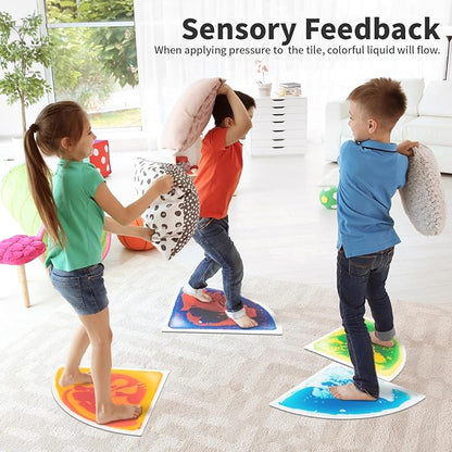 Art3d 4-Pack Colorful Liquid Sensory Floor Tiles, Fan-Shaped Liquid Fusion Sensory Dance Mats for Kid Toddler, 13" x 13"