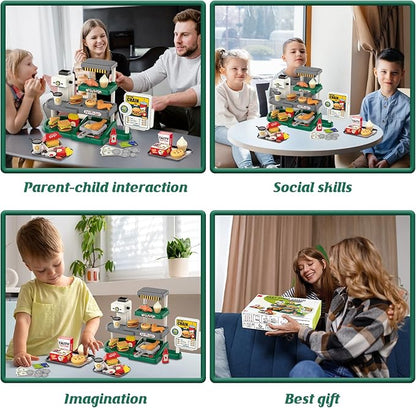 Kids Fast Food Pretend Play Set with Realistic Coffee Maker, Card Reader, Cash Register, Play Food (Burger, Fries, Sandwich), Play Money - Educational Toy Kitchen for Ages 3+