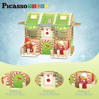 PicassoTiles Magnetic Tile Christmas Holidays Cottage Building Set with Santa Elves Nutcracker 6 Character Figures STEM Educational Construction Toy Winter Magnet Block Gift for Kids Age 3 Plus PTQ08