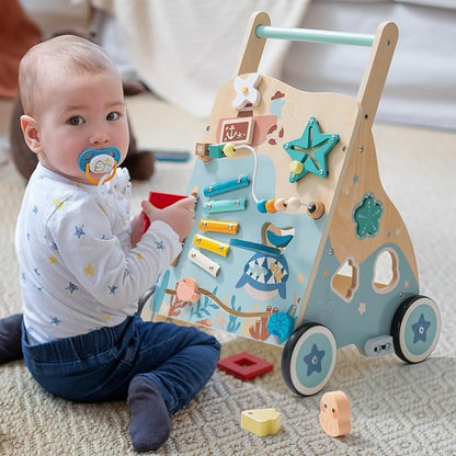 ROBOTIME Wooden Baby Push Walker, Ocean-Themed Wooden Baby Walker with Wheels, Sit-to-Stand Activity Center, Push Toy for Toddlers, for Boys and Girls