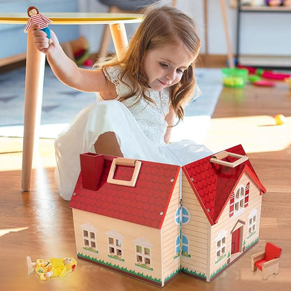 Foldable Wooden Dollhouse with 13pcs Furniture, 4 Rooms and 2 Flexible Dolls, Pretend Play House Set with Portable Handle, Christmas Birthday Gift for Boys Girls Kids Age 3+