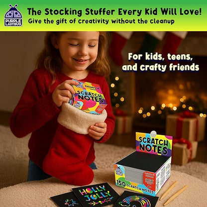 PURPLE LADYBUG 150 Rainbow Scratch Art Mini Notes - Stocking Stuffers for Kids, Arts and Crafts Supplies, Fun & Colorful Scratch Paper for Girls, Kids & Teens Gift, Classroom School Supplies