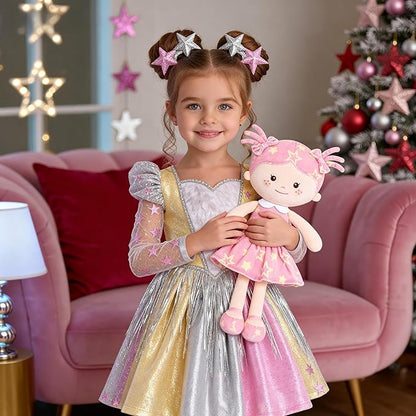 Onetoo First Baby Doll Plush Baby Girls Dolls Rag Doll Soft Baby Doll for Girls Sleeping Cuddle Buddy Doll Wear Star Pink Sleeveless Dress 14"