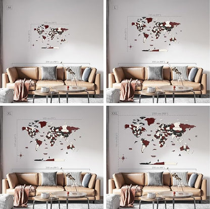 Colorfull Worlds 3D Wooden World Map Wall Art | Unique Wall Decor with Pins for Travel Enthusiasts | Home and Office Wall Décor | Burgundy | Large