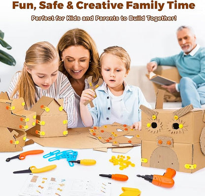 Cardboard Construction Tools Kit 124-Pieces with Waist Bag, Safety Ring Saw, Screwdriver, Waist Bag and Gift Box – Safe DIY Construction Kit for Children’s Creative Building & Crafting