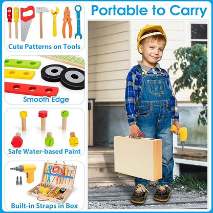 Kids Tool Set Toy with Drill, Stem Montessori Toys for 3 4 5 Years Old Boy Girl, 44 Pcs Wooden Toddler Tool Kits Inc Box, Learning Educational Construction Toy