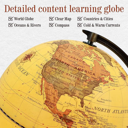 Illuminated Globe of the World with Wooden Stand, 8'' Vintage World Globe Built in LED Night Light for Kids&Adults' Geography Learning, Decor for Home Office Classroom