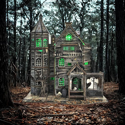 3D Wooden Puzzle Haunted House Model Set - Miniature Haunted House Kits with Led Accessories Furniture, Suitable for Adults and Teenagers to DIY Halloween Horror Doll House Craft Gifts.