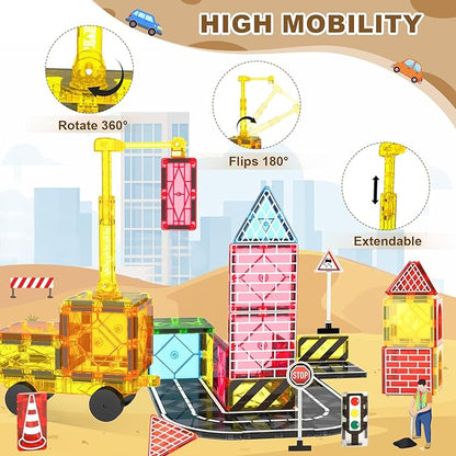 Magnetic Tiles Road Set Kids Toys, Magnetic City Construction Toys with Magnet Crane for 3+ Year Old Boys Girls, STEM Magnet Blocks Building for Kids Ages 3-5 4-8