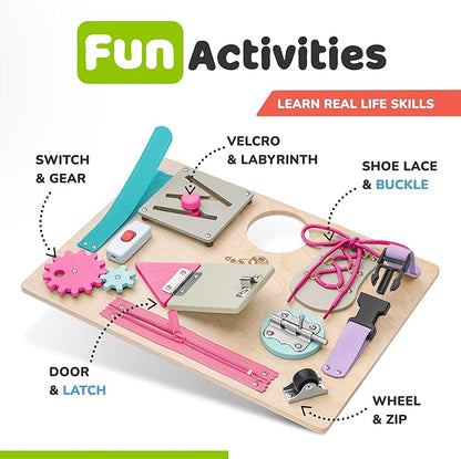 Montessori Busy Board for Toddlers, Premium Wooden Toddler Busy Board for 1 2 3 Year Old with 10 Educational Activities for Fine Motor Skills, Sensory Activity Toy for Travel, Gift for Boys & Girls
