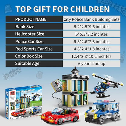 City Police Bank Building Sets, Compatible with Lego Police Bank, Includes Car, Bank, Helicopter, Police Chase Building Blocks Toy Set Gift for Kids 6 Plus Years Old（655 PCS）