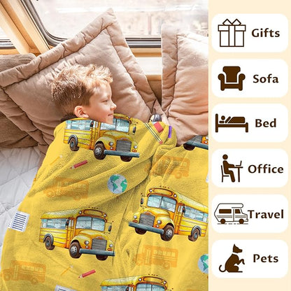 Boys Blanket School Bus Throw Blankets Gift for Kids Adults Birthday - 50x60 Inches Comfy Lightweight All Season Decor Throw for Sofa Couch Bed Office