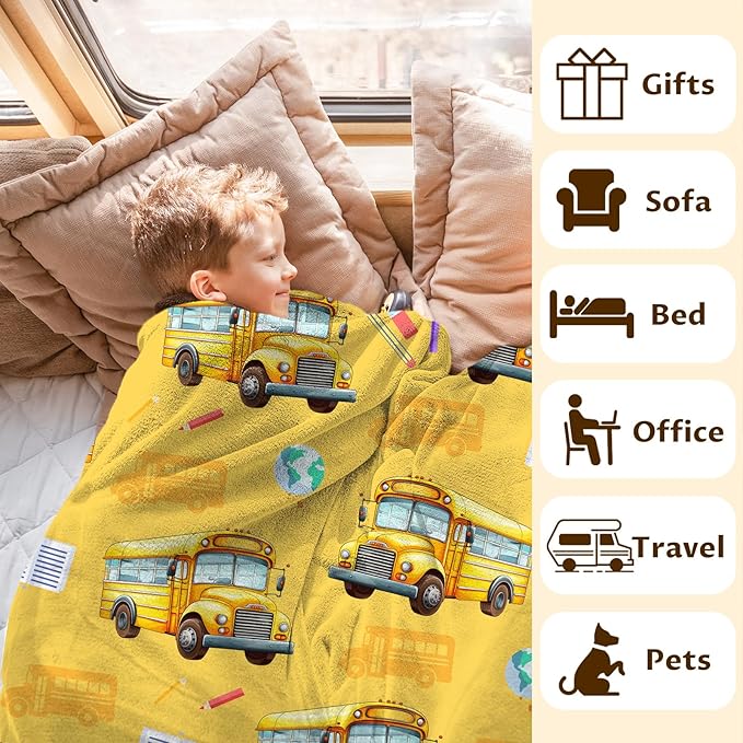 Kids Throw Blankets School Bus Blankets Gift for Boys Birthday, 30x40 Inches Soft Cozy All Season Throw for Sofa Couch Bed