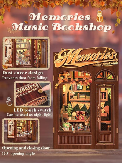 Cutefun Book Nook Kit - DIY Miniature House Kit for Bookshelf Decor, Book Nook Kits for Adults & Beginners, 3D Wooden Puzzle Dollhouse, Ideal Gift for Book Lovers (Memories Music Bookshop)