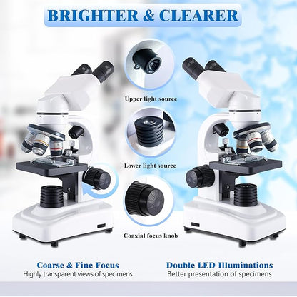 Binocular Microscope for Adults Kids Students, 64X-6000X Microscopes, 3 Objective Lens, Metal-Body Dual LED Illumination, Biological Compound Microscope Kit for School Lab, Homeschool