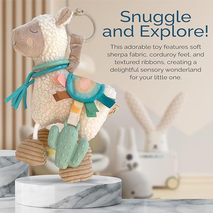 Itzy Ritzy Link & Love Toy for Stroller or Car Seat; Features Textured Ribbons, Crinkle Sounds, Clinking Rings & Silicone Teether; Designed For Ages 0 Months and Up (Llama)