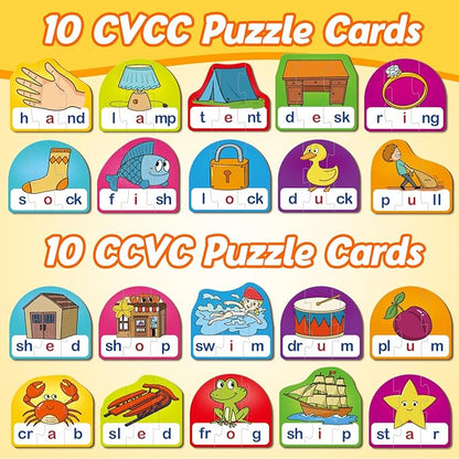 CVCC & CCVC Puzzle Cards for Kids - Word & Phonics Games, Speech Therapy Toys for Toddlers, 4 Alphabet Letter Word Puzzles, Learning Spelling Games