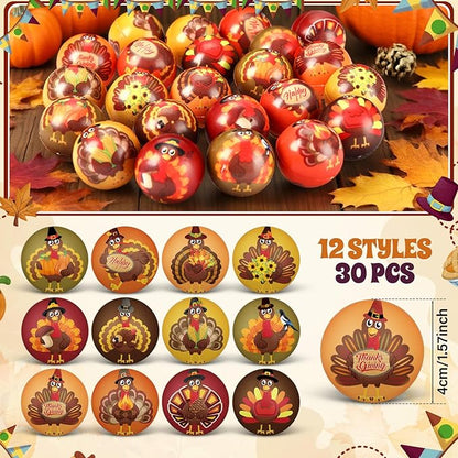 Liliful 30 Pcs Thanksgiving Turkey Stress Ball Bulk 12 Patterns Fall Sensory Stress Relief Balls Thanksgiving Party Favors Bag Filler Stocking Stuffers Gifts for Adults
