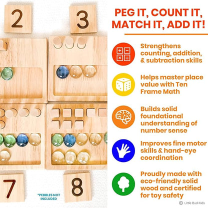 LITTLE BUD KIDS Counting Pegs - A Ten Frame Math Game with Addition and Subtraction Flash Cards, A Wooden Montessori Math Toy & Math Manipulatives Number Peg Boards for Kids 3 4 5 6 7