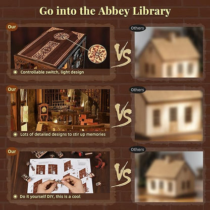 Book Nook Kits for Adults, DIY Book Nook Kit Miniature House Dollhouse Kit, 3D Wooden Puzzle Booknook Bookend Bookshelf Decor Model Build with Dust Cover (Abbey Library)