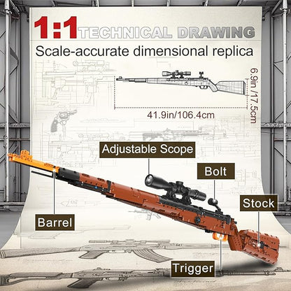 98k Building Blocks Gun-Sets for Adults Boys, 1:1 Sniper Rifle Big Model Kit That Shoot Army Toys for Kids Age 8+, Realistic Military Collection Cool Birthday Gifts for Teen Men 1280pcs