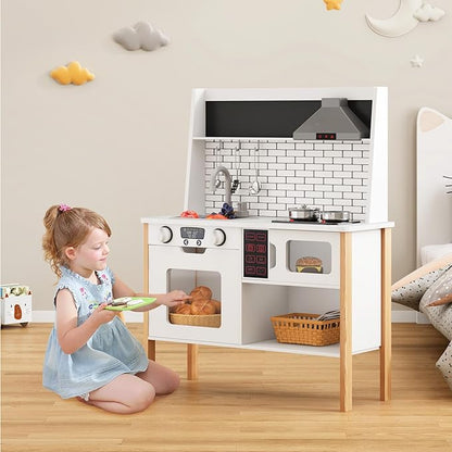 DlandHome Kids Kitchen Playset, Pretend Kitchen Playset with Real Lights & Sounds, Chef Pretend Play Set with Sink Oven Microwave, Ideal Role Play Toy Gift for Toddlers and Kids Ages 3+, White